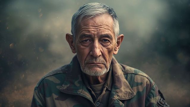 Senior Man Contemplating in Misty Forest with Camouflage Jacket