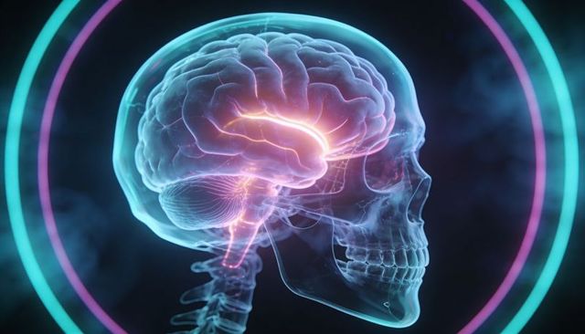 Translucent skull illuminating neon brain and neural pathways with glowing brainstem