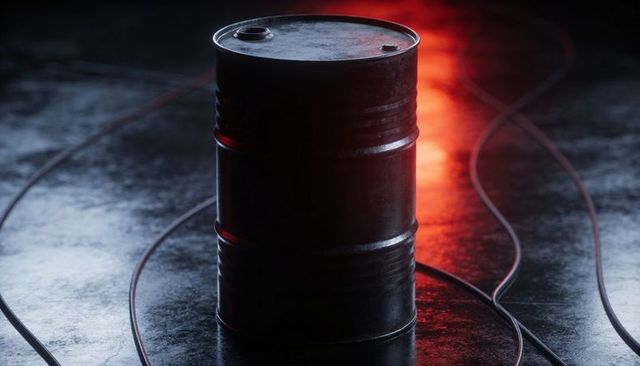 Rusty industrial oil drum standing on wet concrete with glowing red backlight and cables