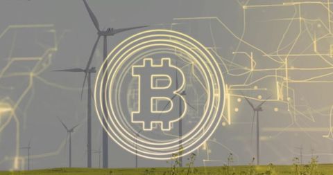 Bitcoin Symbol Overlay on Wind Farm Representing Eco-Friendly Technology