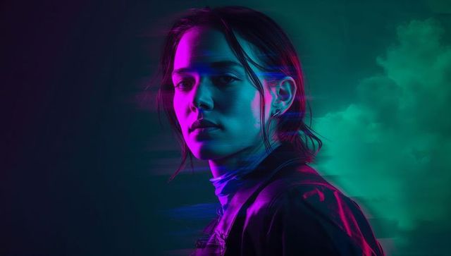 Futuristic Woman Under Neon Lighting with Cyberpunk Vibe