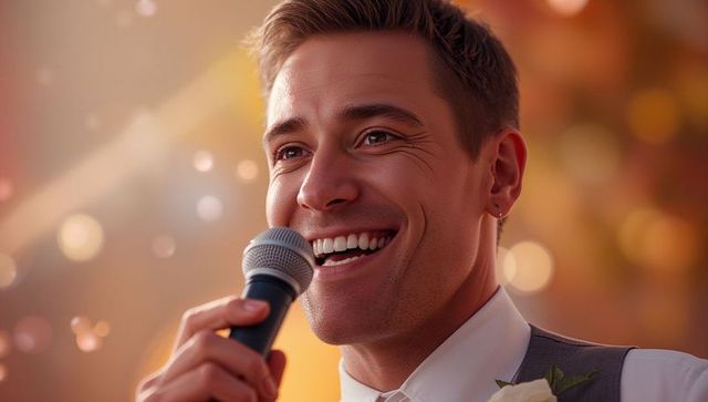 Elegantly dressed man enthusiastically giving wedding speech
