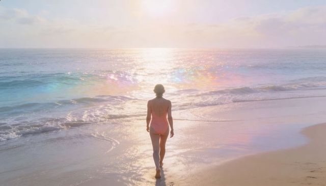 Walking into iridescent sunset on pastel beach, solitary woman leaving footprints