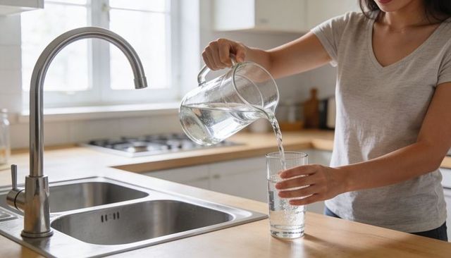 Pouring water from glass pitcher into glass on wooden counter in bright modern kitchen