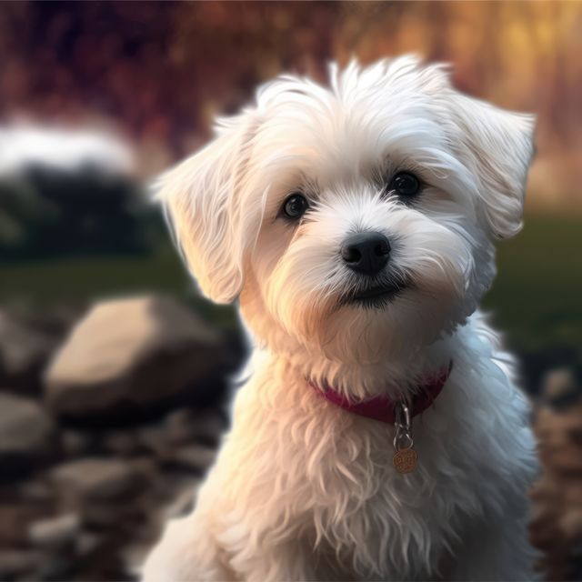 A cute white fluffy dog with a red collar poses outdoors during autumn with blurred foliage in the background. Perfect for use in pet care advertisements, autumn-themed promotions, greeting cards, and blogs featuring pets or nature walks.
