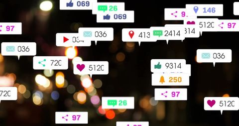 Futuristic Social Media Interaction Icons Over Cityscape