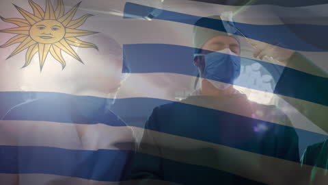 Surgeons with Masks Overlaid with Uruguayan Flag