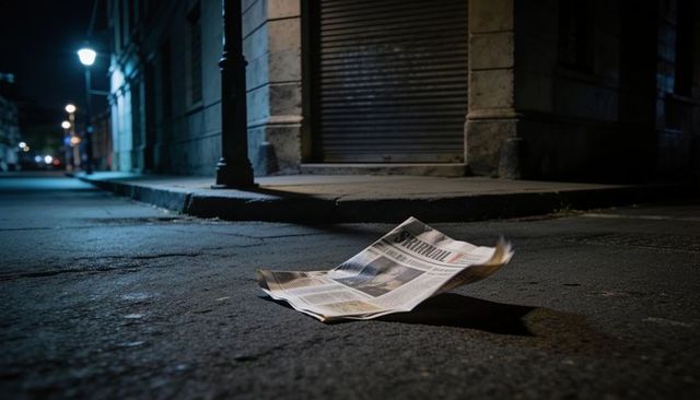 Newspaper blowing across empty city street at night under lamppost glow