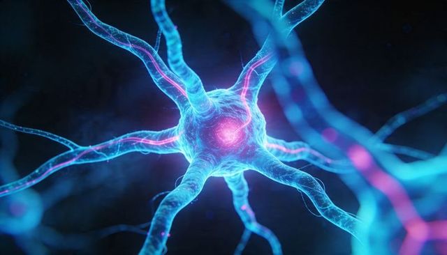 Glowing neuron network highlighting soma, nucleus and transmitting electrical pulses