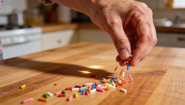 Sunlit senior hand picking colorful sprinkles on butcher block kitchen counter closeup macro