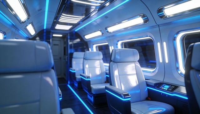 Luxury private jet cabin featuring white leather reclining seats and blue ambient lighting
