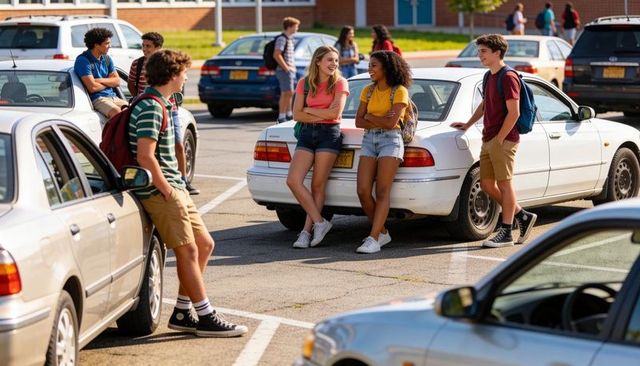 High school teens chatting and laughing in school parking lot leaning on car trunk