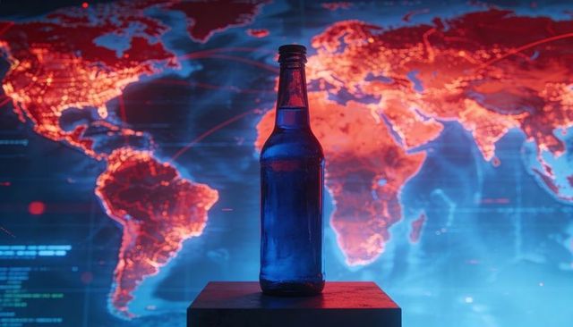 Standing blue glass bottle on plinth against glowing world heatmap with neon network nodes