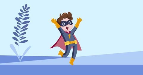 Playful Cartoon Superhero Boy with Cape Royal Blue Background - Download Free Stock Images Pikwizard.com