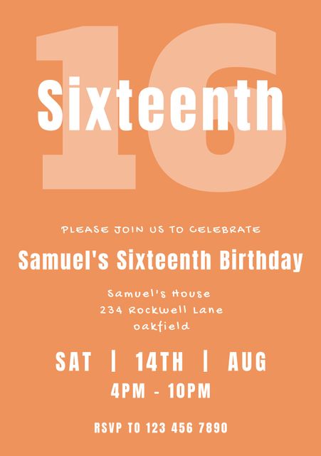 Perfect for creating invitations for a sixteenth birthday celebration. The vibrant orange background and bold typography create an eye-catching design that is sure to drive excitement for the event. Ideal for both digital and print use, making it versatile for multiple formats including social media announcements, email invitations, and physical cards.