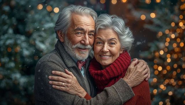 Senior Couple Embracing During Festive Season With Warm Holiday Lights