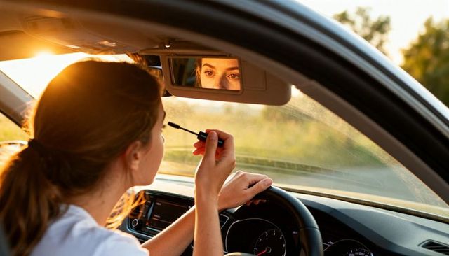 Young woman applying mascara at wheel using visor mirror during golden hour