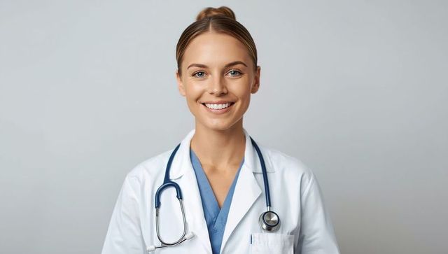 Confident Female Doctor Smiling With Stethoscope Against Pale Background