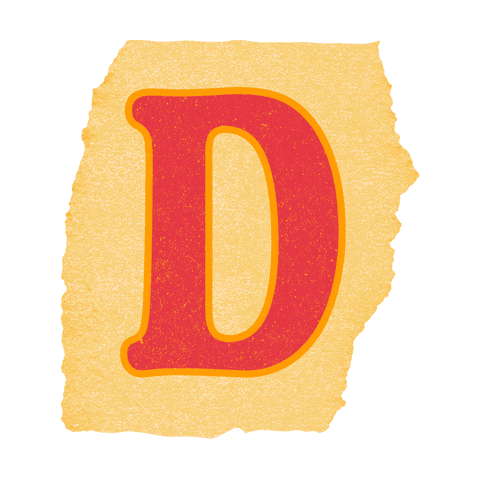 Transparent artistic stylized red uppercase letter d on yellow card