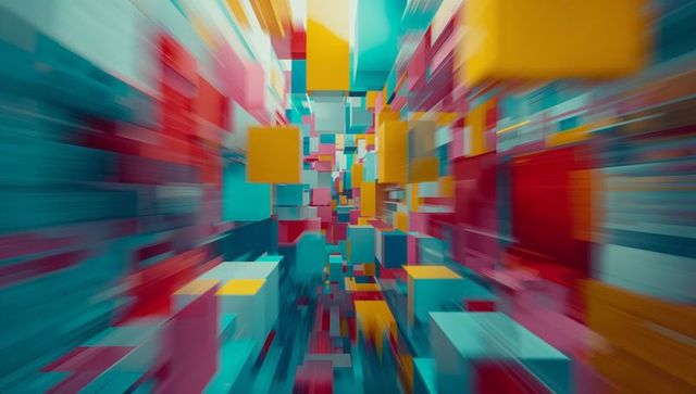 Dynamic Stream of Multicolored Cubes with Motion Blur Effect