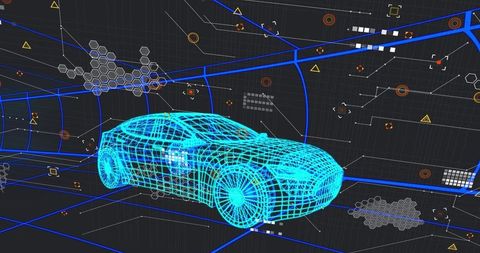 Futuristic cyan wireframe sedan rotating in HUD grid with sensor overlays, caution icons