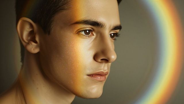 Gazing young man with golden prism light and rainbow halo ring headshot, bare shoulders