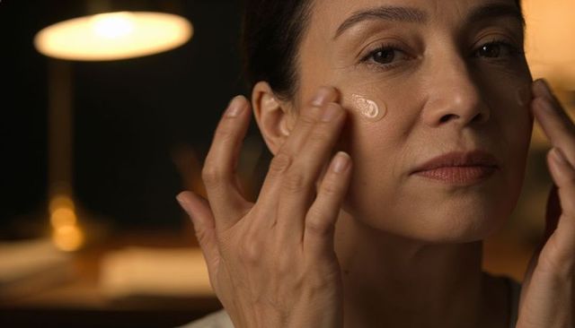 Mature woman applying moisturizer at vanity under warm lamp light, skincare routine