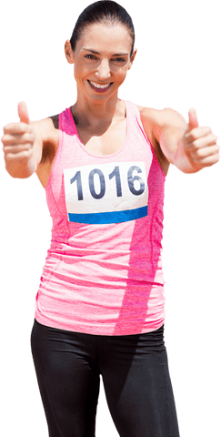 Happy Sportswoman Giving Thumbs Up with Race Bib Transparent