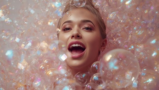 Woman Smiling Among Pastel Soap Bubbles with Iridescent Glow