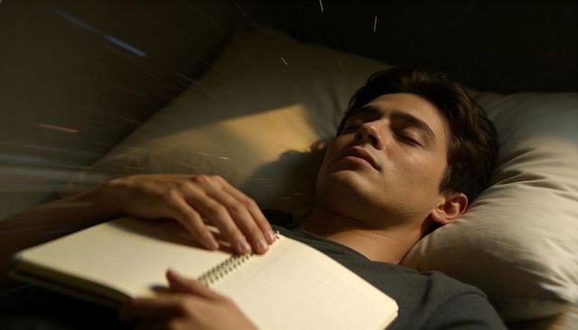 Adult man resting with spiral notebook on chest at night, thoughtful solitude and calm