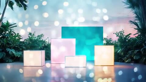 Abstract Lit Boxes with Bokeh Effect and Foliage Backdrop