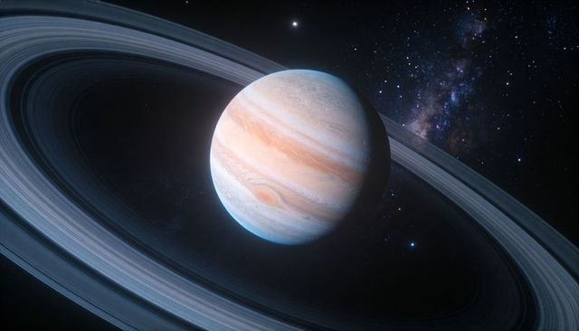 Ringed Gas Giant Orbiting Starfield with Banded Clouds, Oval Storm and Milky Way Vista