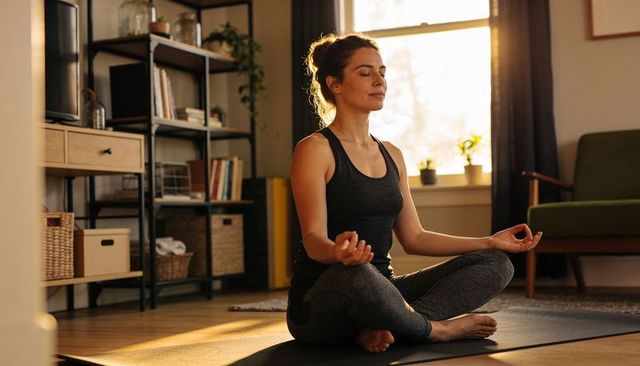 Young woman meditating on yoga mat at home during golden hour practicing mindfulness