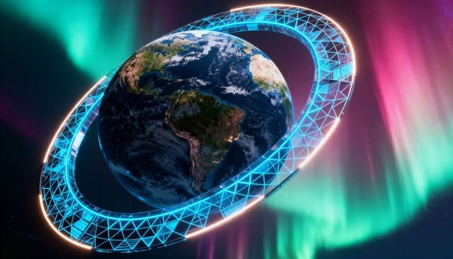 Earth encircled by futuristic neon wireframe ring over vivid aurora borealis nightscape