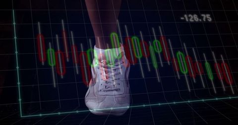 Sneaker stepping on candlestick chart overlay minimalist finance trading concept