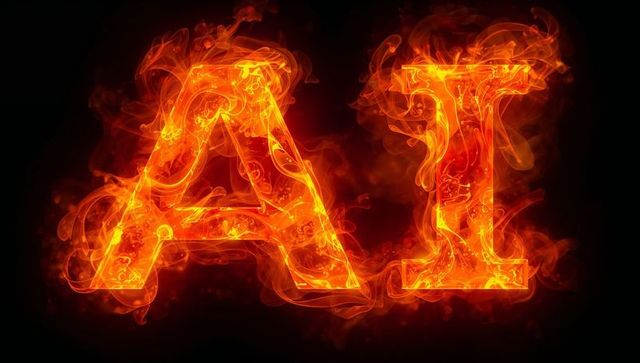 Burning ai letters flickering with fiery embers, smoke halo and neon glow