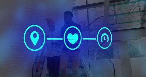 Businessmen discussing technology with holographic network icons