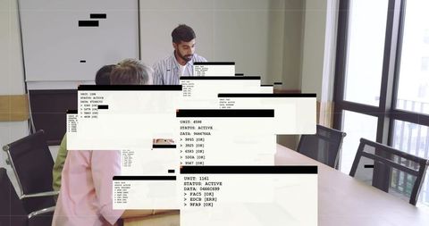 Indian Business Leader Presenting in Modern Boardroom with Digital Code Overlay