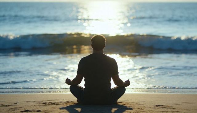 Man meditating on beach at sunset with sun reflecting on water