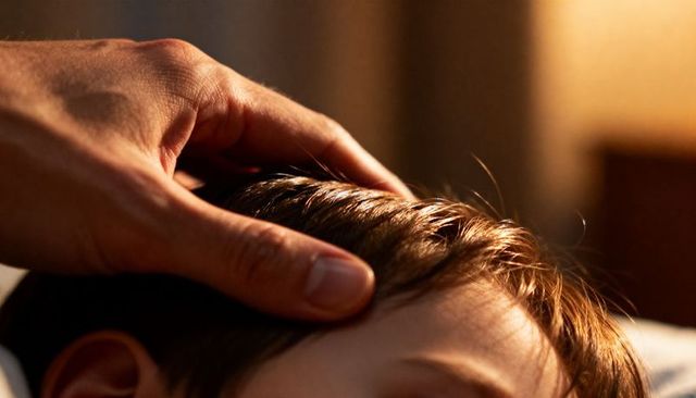 Parent caressing child head at bedside during cozy bedtime routine and comforting moment