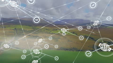 Digital Network Graphics Over Laid Nature Landscape with Cloud Connectivity