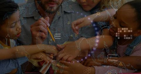 Guiding children building model with augmented reality overlay, makerspace hands-on learning
