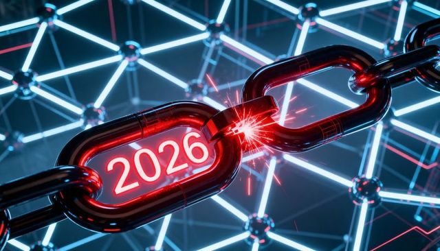 2026 cracking neon chain link sparking across futuristic cyber network lattice