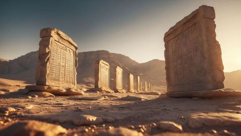 Ancient stone stelae in desert with hieroglyphic inscriptions, ten commandments concept
