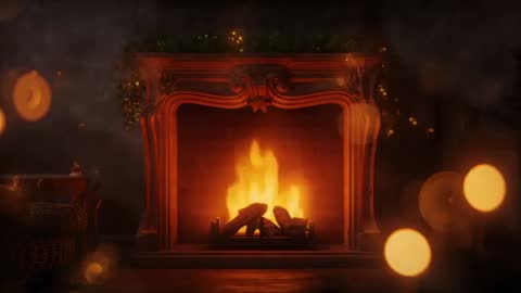 Cozy fireplace with flickering flames and drifting embers, mantel garland glowing