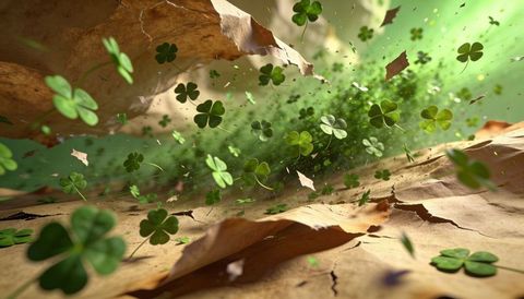 Swirling clover leaves lifting from dry autumn leaf litter with backlit green motion