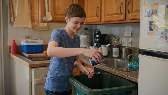 Teen placing aluminum can into green recycling bin at kitchen counter promoting recycling