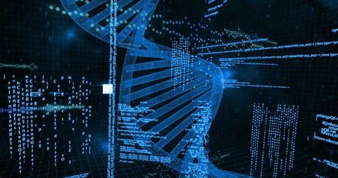 Glowing digital dna helix with code and binary elements