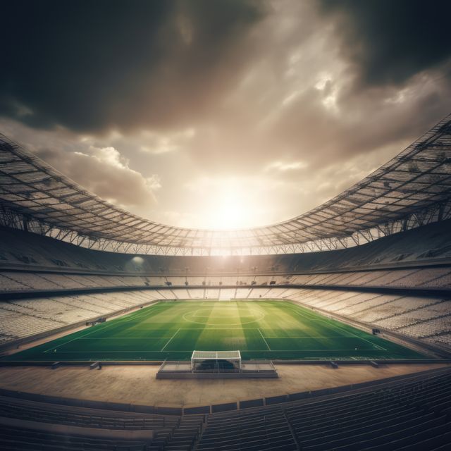 Empty modern football stadium with a grass field under a dramatic cloudy sky and sunlight. Suitable for illustrations of sports events, competition venues, architectural designs or advertising for upcoming matches and tournaments.