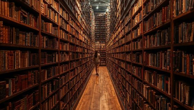 Solitary woman walking down towering vintage library aisle between endless bookshelves
